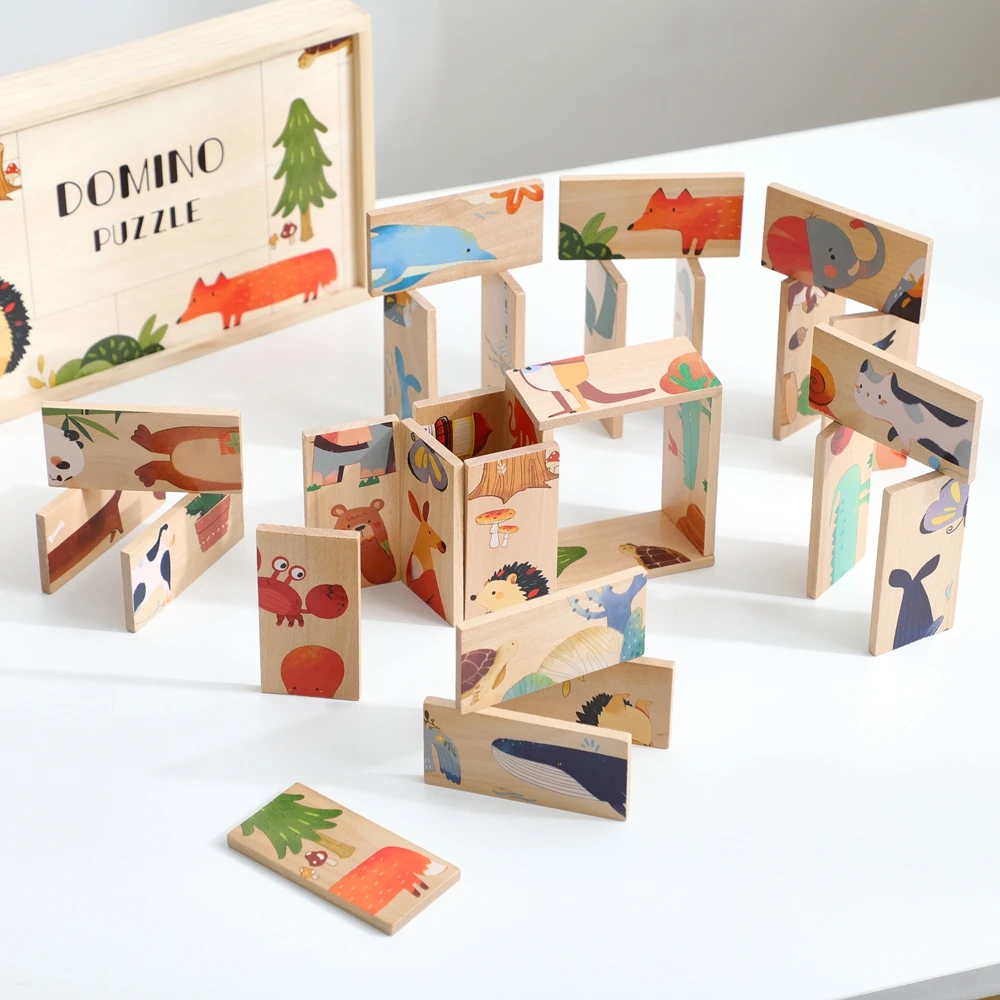 Baby Montessori Speelgoed Houten Cartoon Dier Domino Puzzel Stapel Bouwsteen Kaarten Baby Balans En Educatief Speelgoed Baby Cadeau