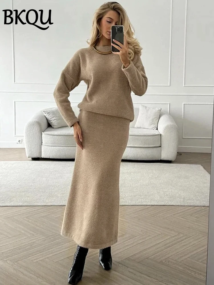 BKQU Warm Knitted Skirt Two Pieces Women Sets Autumn Winter O-Neck Sweater High Waist Long Skirt Elegant Soft Party Outfits 2024