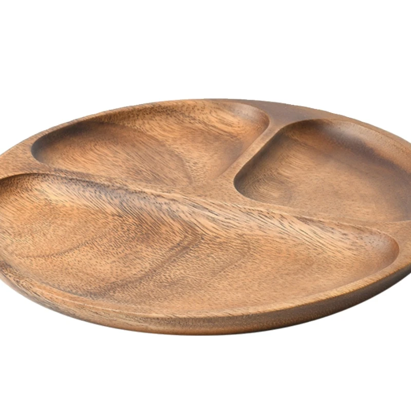 

Walnut Round Divided Dining Plate Creative Retro Solid Wood Advanced Tea Fruit Snack