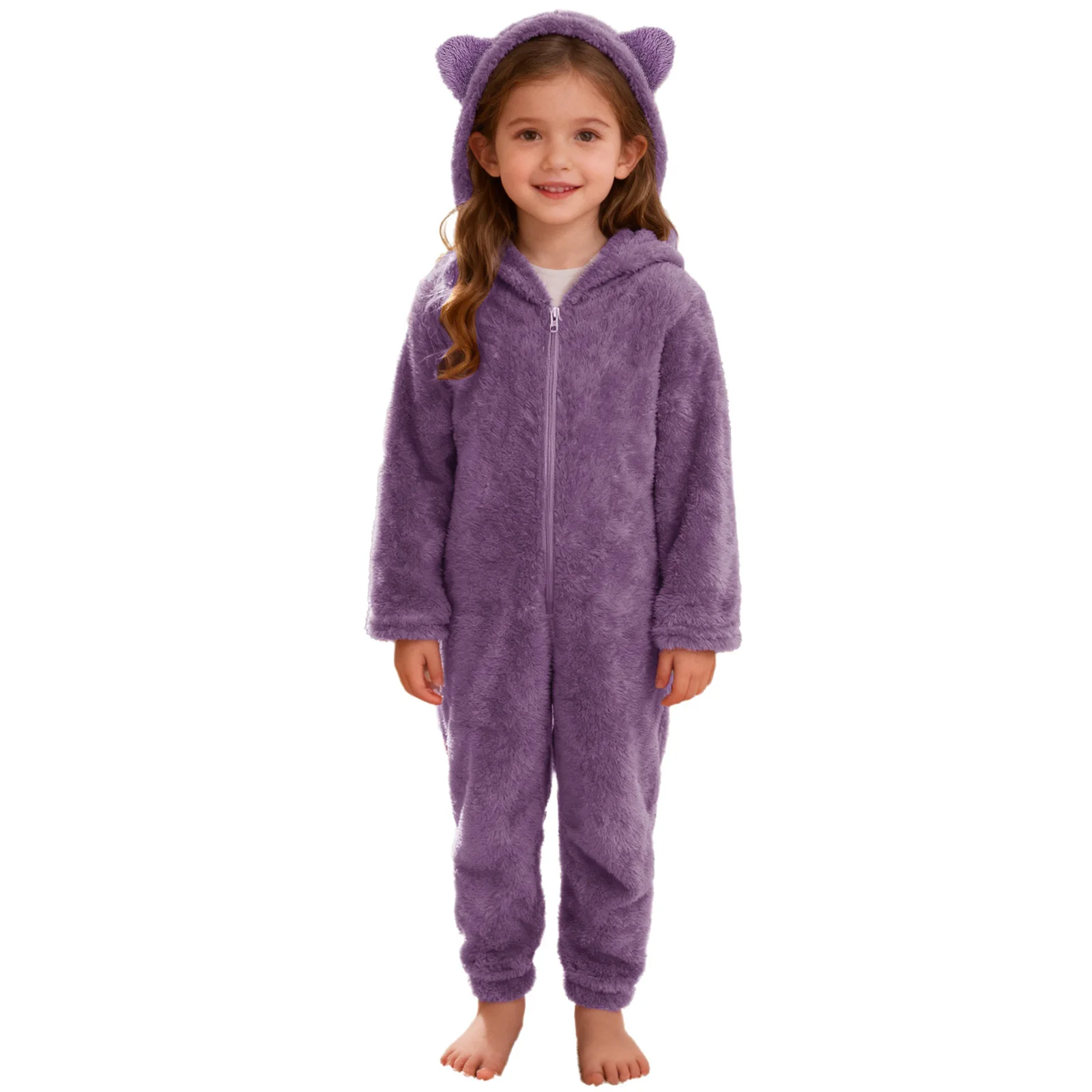 Kids Girls Pajamas Warm Fleece Hooded Jumpsuit Winter Cute Style Sleepwear Long Sleeve Zipper Romper Casual Loungewear Homewear