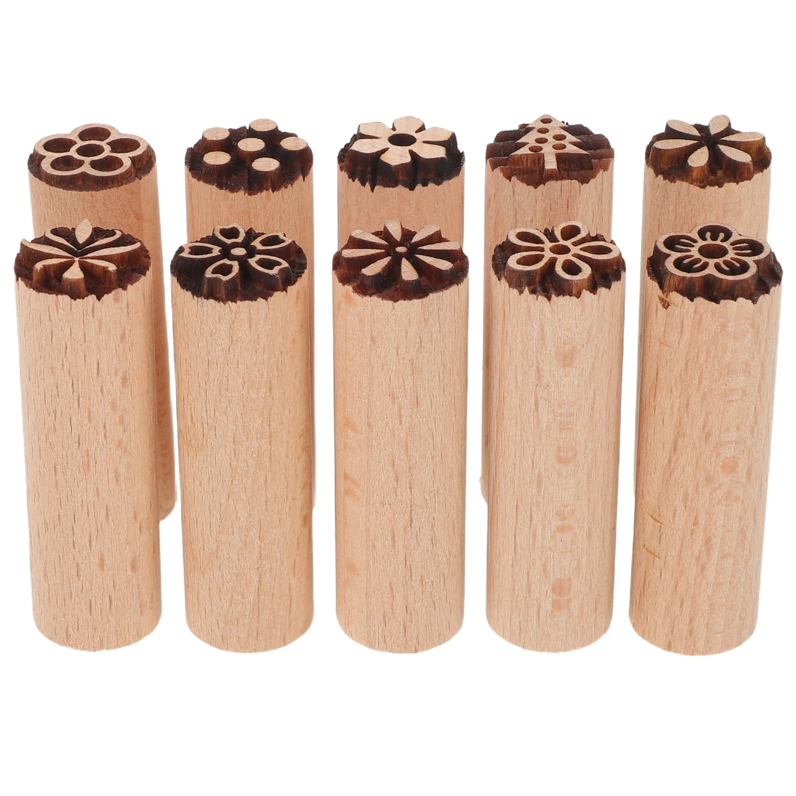 

10pcs Hand Carved Wooden Floral Pattern Stamps For Clay Pottery Diy Craft Projects Round Handle Engraved Wood Blocks