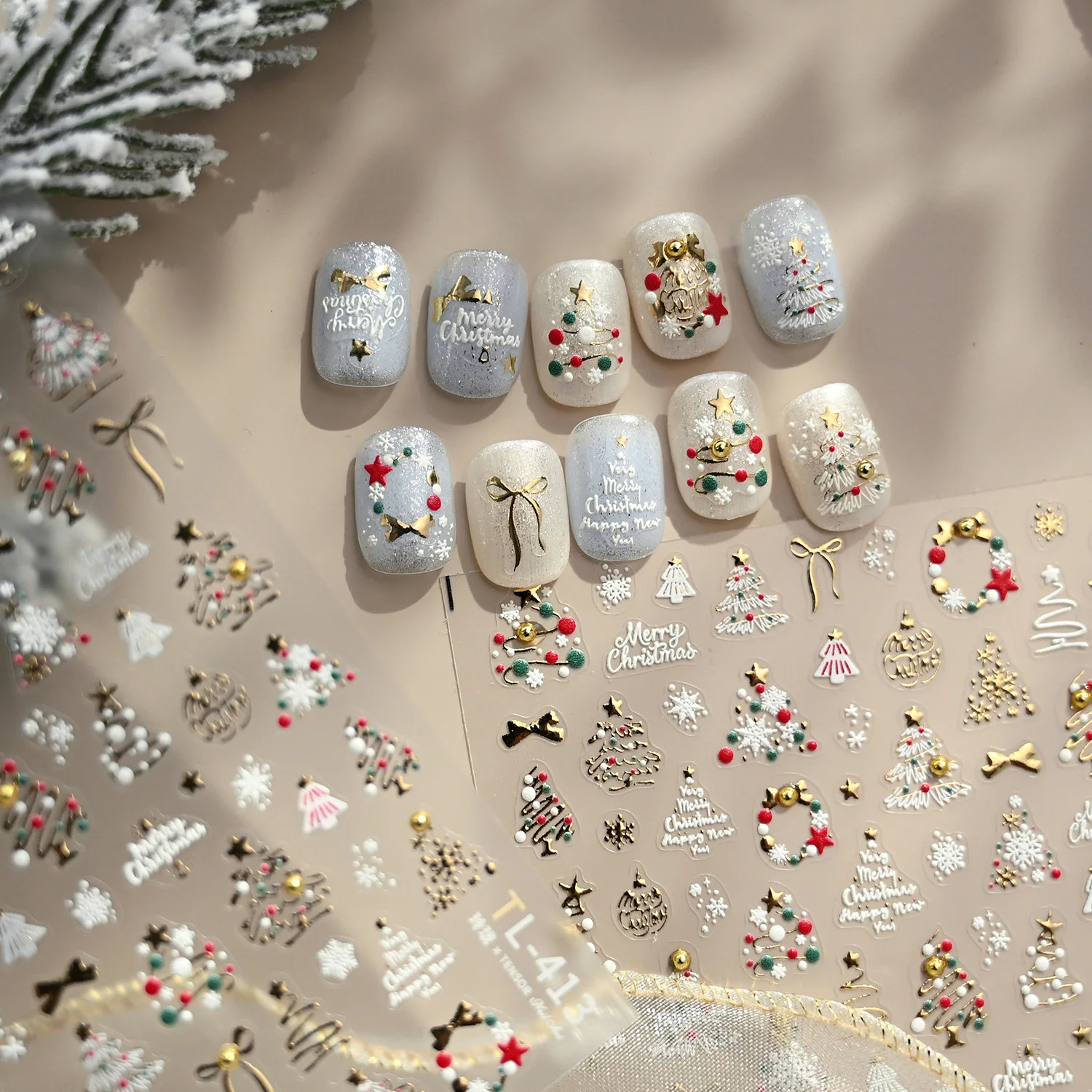 Christmas Wreath Bow Nail Art Stickers Sweet Snowflake Tree Hot Stamping Self Adhesive High Quality Glossy Vinyl for Women