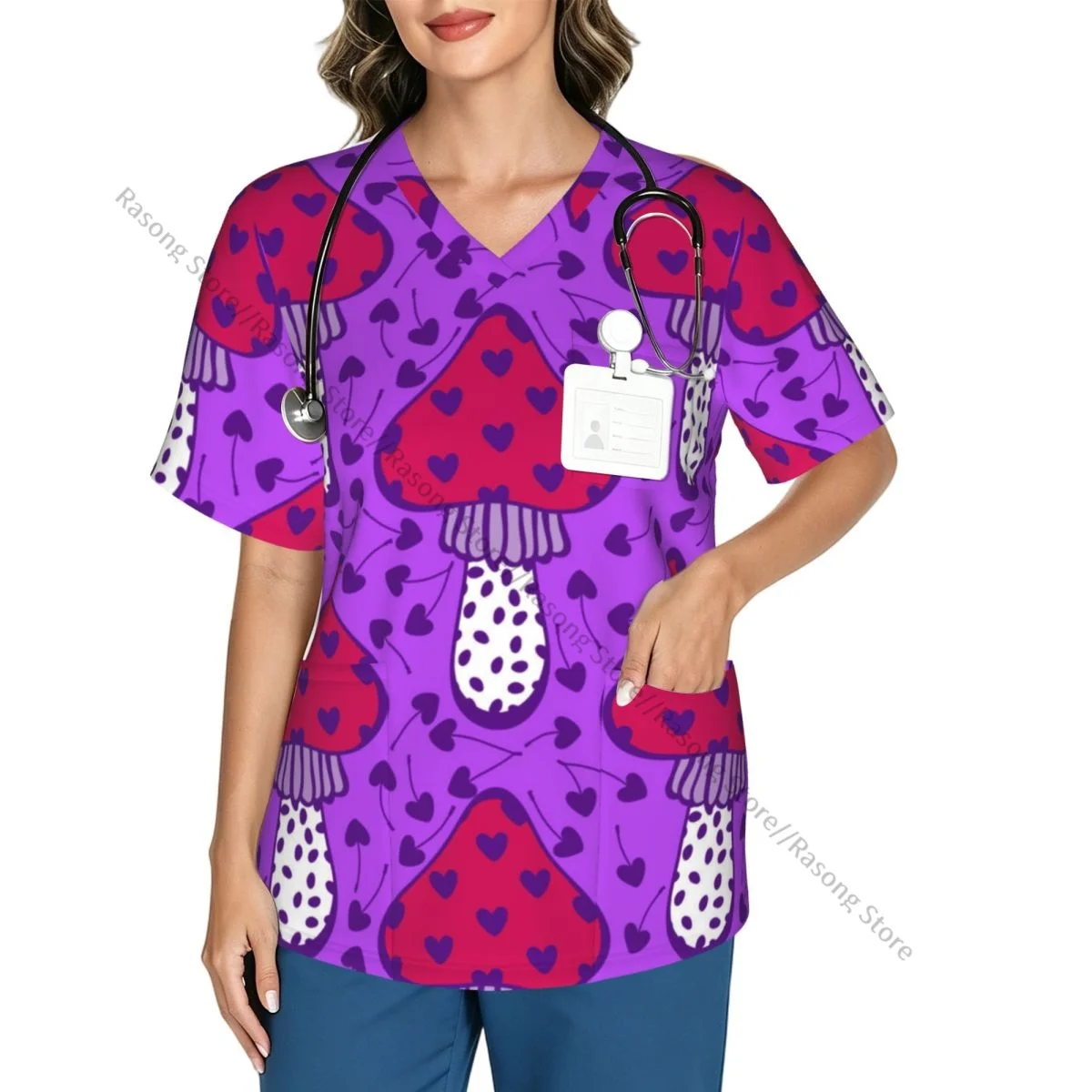 Women Scrub Top Valentine Love Hearts Mushrooms Pattern Short Sleeve Nurse Hospital Uniforms Female Working Clothes with Pocket