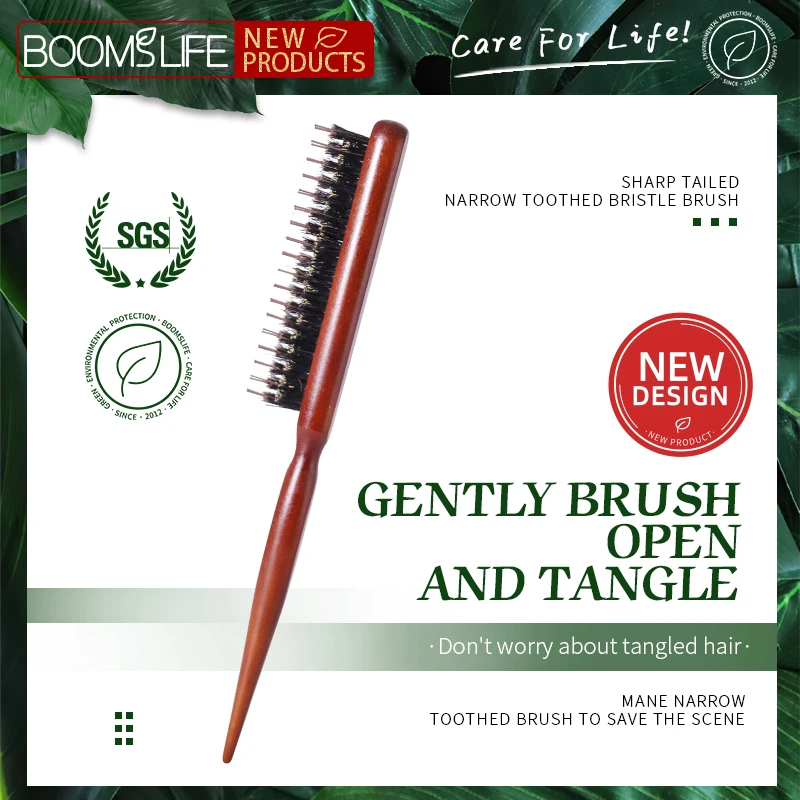 Custom Wood Fluffy Hair Comb Three Rows Boar Bristle Hair Brush Salon Teasing Slim Line Comb Extension Hairdressing Styling Tool