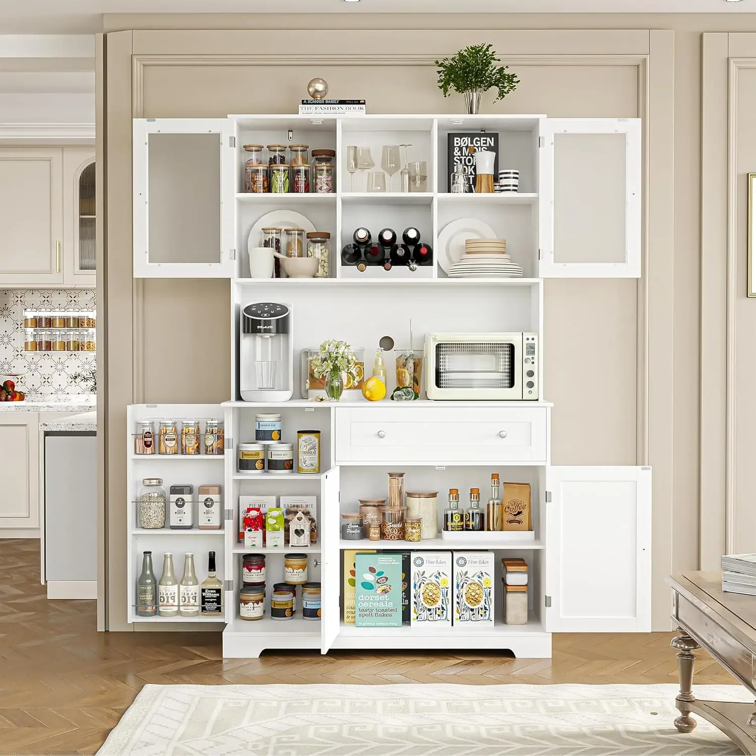 Kitchen Pantry Storage Cabinet, Modern Buffet Cabinet with Hutch, Tall Kitchen Hutch Cabinet with Microwave Stand, Food Pantry C