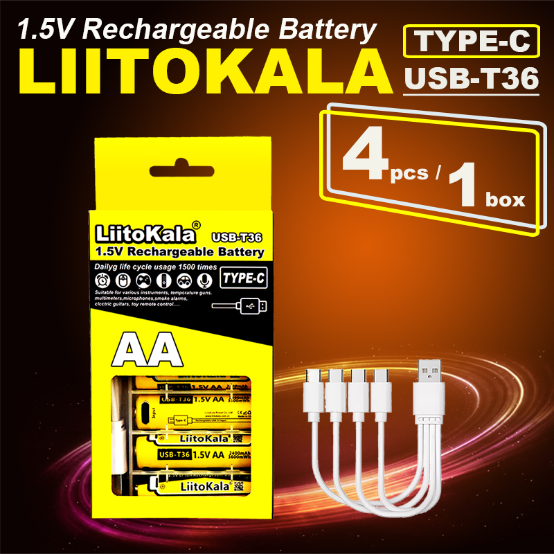 4pcs LiitoKala Lithium-Ion Battery Type-C Rechargeable High-Capacity Battery AA&AAA Battery For remote control, mouse, electric 