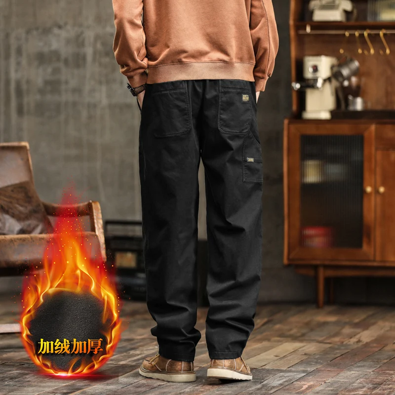 2025 خريف شتاء جديد سراويل تقليدية رجالية حجم كبير بسيط متعدد الاستخدامات مستقيم الساق مبطنة بالصوف سميكة السراويل البضائع في الهواء الطلق #2