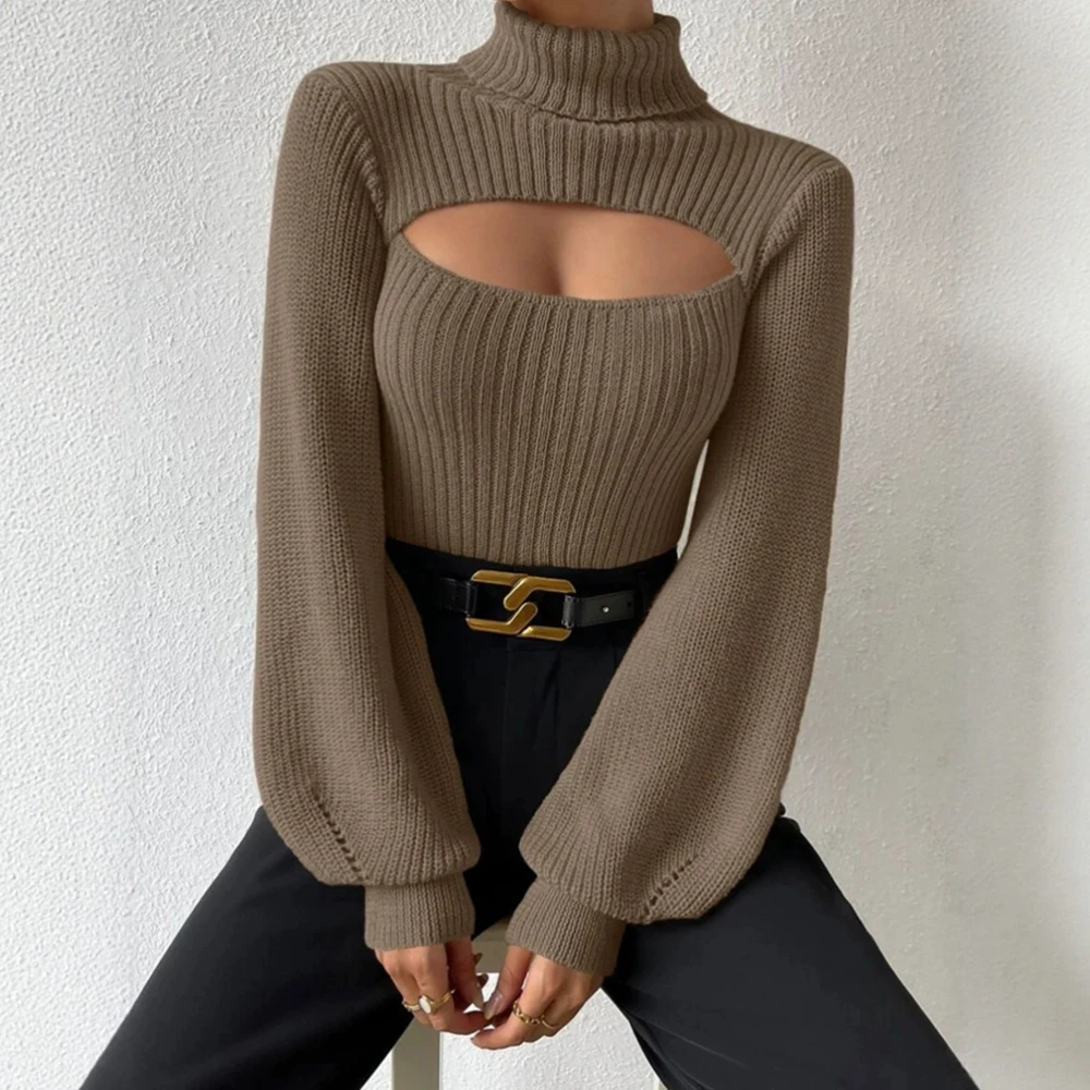 

Mia Muse Women's Sweater Autumn Winter Fashion Simple Rib Knit Solid Color Cut-Out Hole Lantern Sleeve Mock Neck Casual Sweater