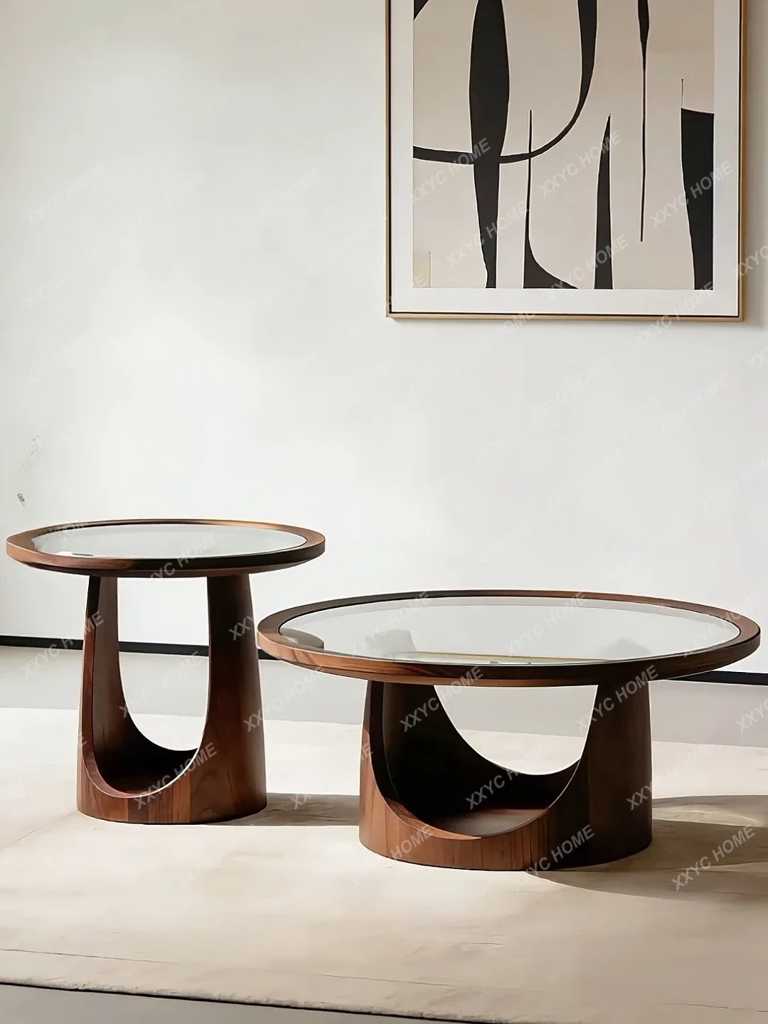 

Modern high-end light luxury round several solid wood glass round tea table