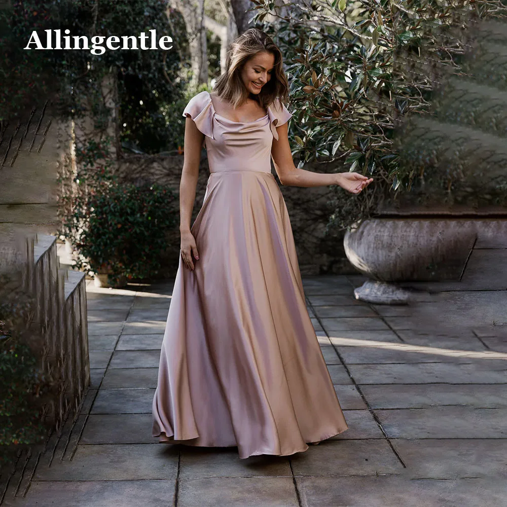 

Allingentle Satin Bridesmaid Dress For Woman 2023 Boat Neck Evening Formal Gown Elegant A-Line Floor Length Vestidos de Gala