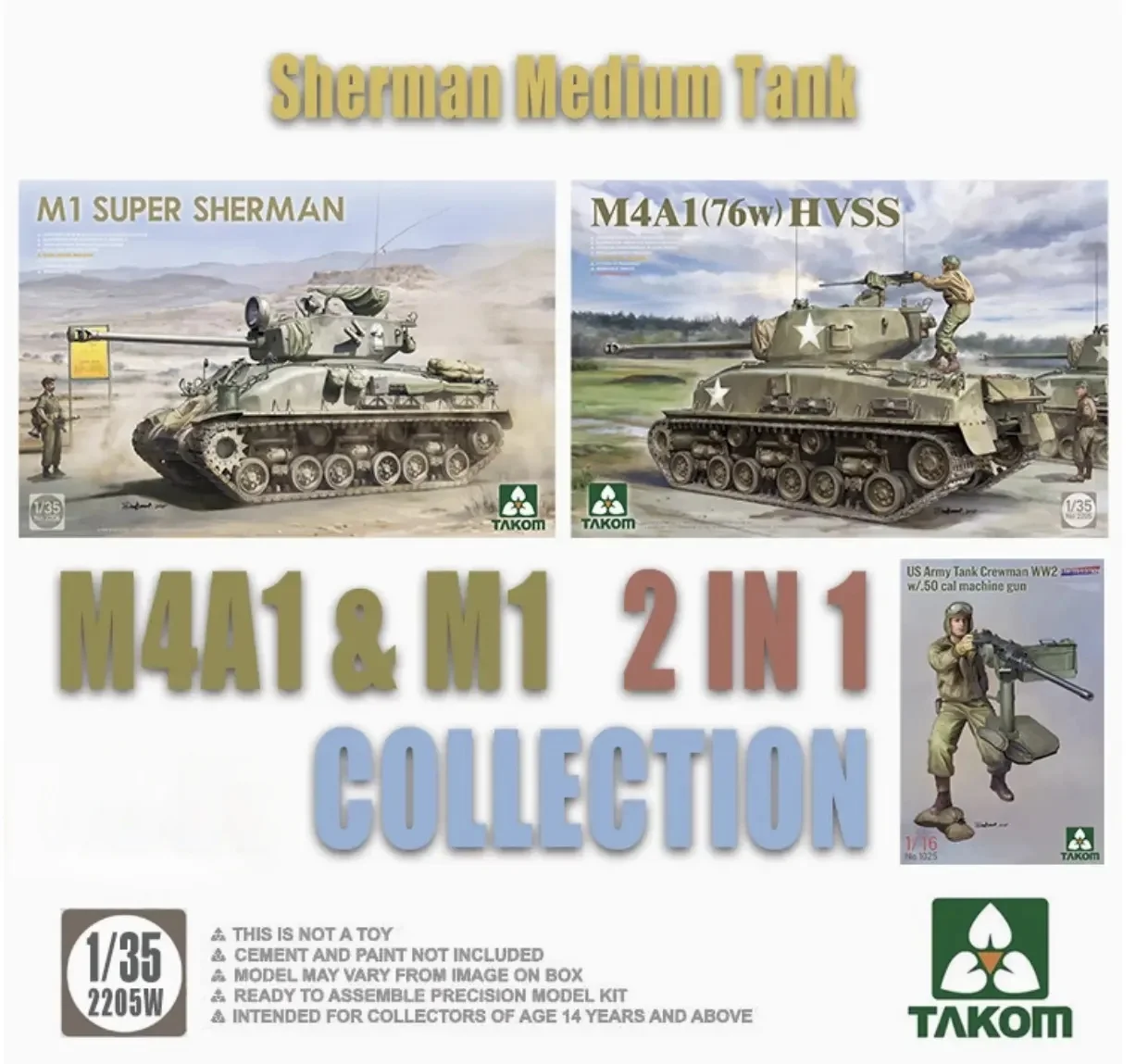 

TAKOM 2205W 1/35 SHERMAN2 BOX M4A1 (76W) HVSS+M1SUPER SHERMAN+1/16 Танк армии США Crewman w/.50 Cal Machine Gun Limited Edition