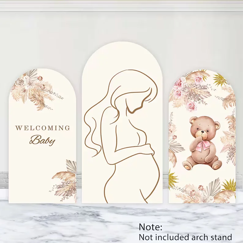 

Mehofond Boho Silhouette Baby Shower Arch Wall Cover Background Pregnant Lovely Bear Flower Grass 2-Sided Backdrop Photocall