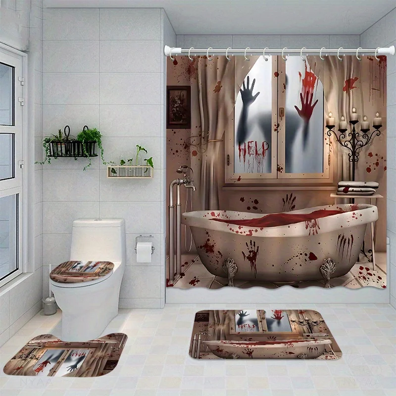 Halloween Themed Bathroom Set: 4Pcs Waterproof Shower Curtain, Toilet Seat Cover, Bathroom Mat, Non-Slip Rug, Polyester Fabr