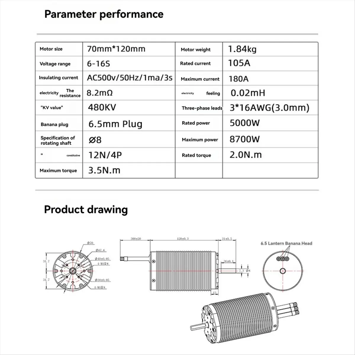 ▶✔▃AC668- 70120 Brushless Motor RC Car 480KV Brushless Motor IP54 Waterproof 6-16S 5000W for Climbing Off-Road Car RC Car