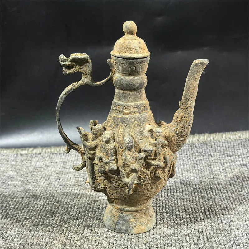 Vintage Bronze Dragon Pot with Eight Immortals Pattern Collectible Handle Wine Teapot for Home Decor And Cultural Collectibles