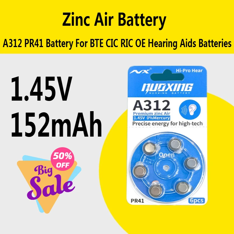 

Hearing Aid Batteries Zinc Air Battery 1.45V 152mAh High Performance A312 PR41 Battery for BTE CIC RIC OE Hearing Aids