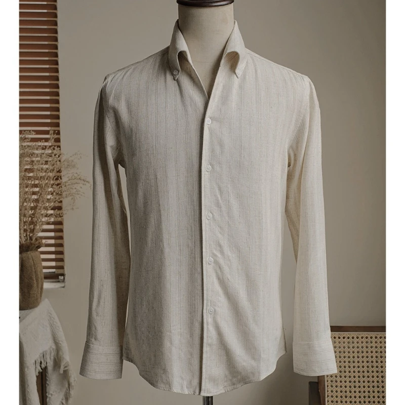 

Мужская рубашка с длинным рукавом в британском стиле, модная и повседневная льняная рубашка в полоску с v-образным вырезом, высококачественная дышащая, впитывающая пот