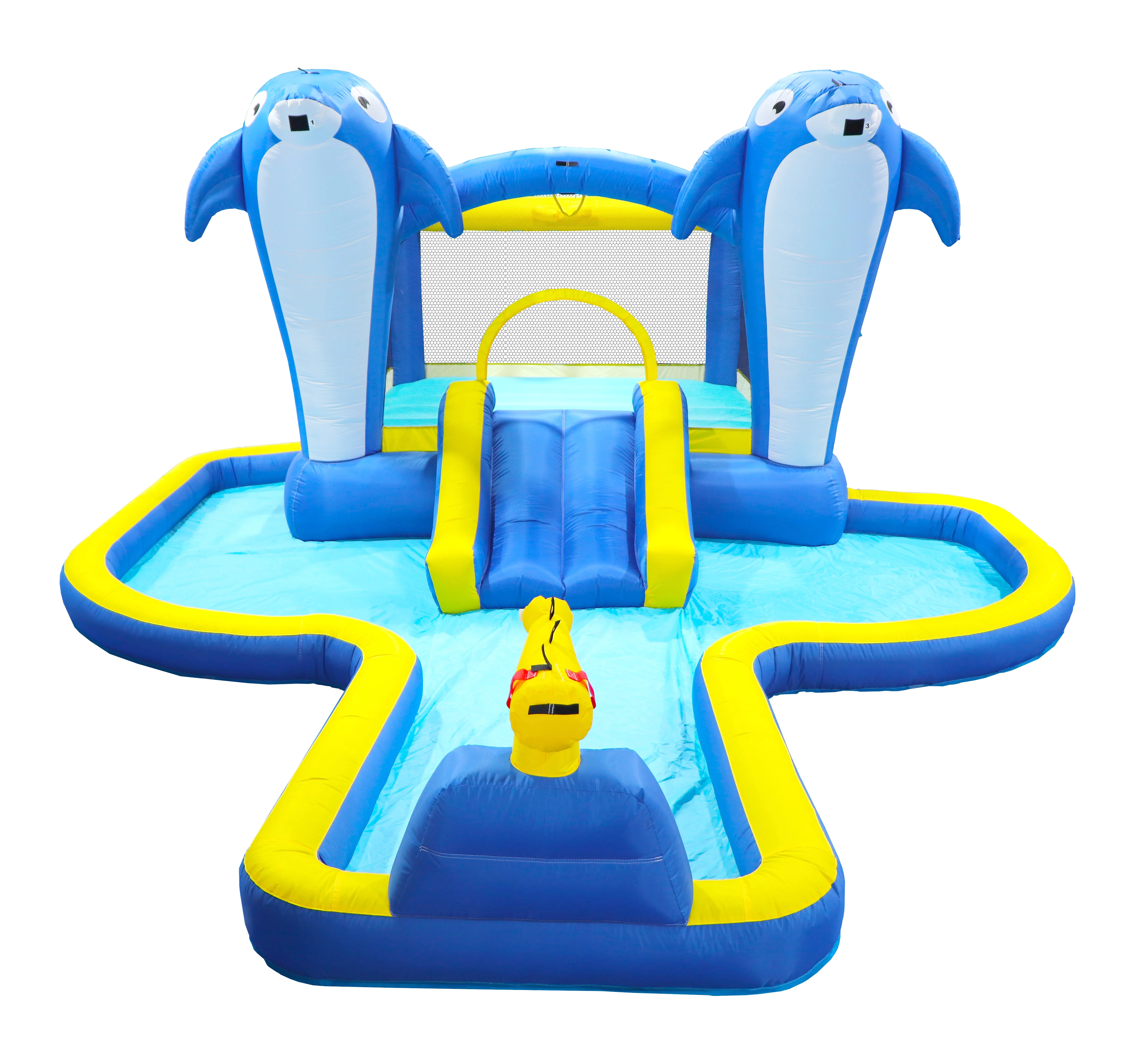 

8 in1 Inflatable slide water park trampoline bouncing house outdoor garden with Dolphin sprinkler & Target games & Water gun & Basketball