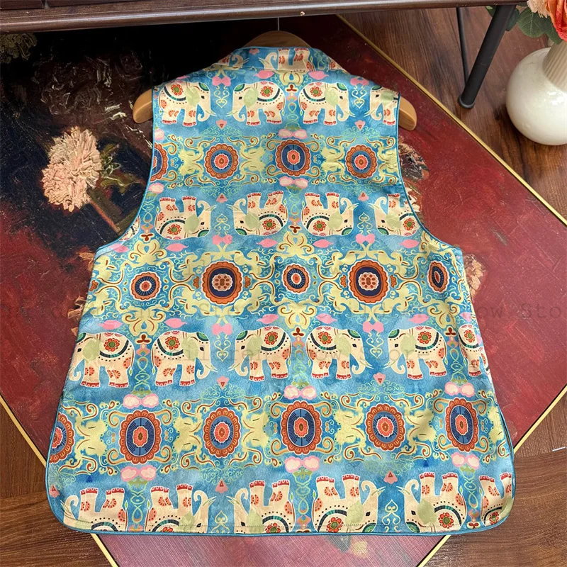 Blue Elephant Chinese Buttoned Vest Top Sleeveless Jacket New Chinese Hanfu Costume Women Satin Qipao Loose Shirt Tank Top