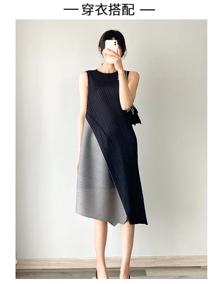 Miyake Plissiertes Kleid mit Farbblock-Design, Sommer 2025, Neues Modell mit Farbkollisions-Effekt, Locker Geschnittener A-Linien-Rock in Übergröße – Detail 1
