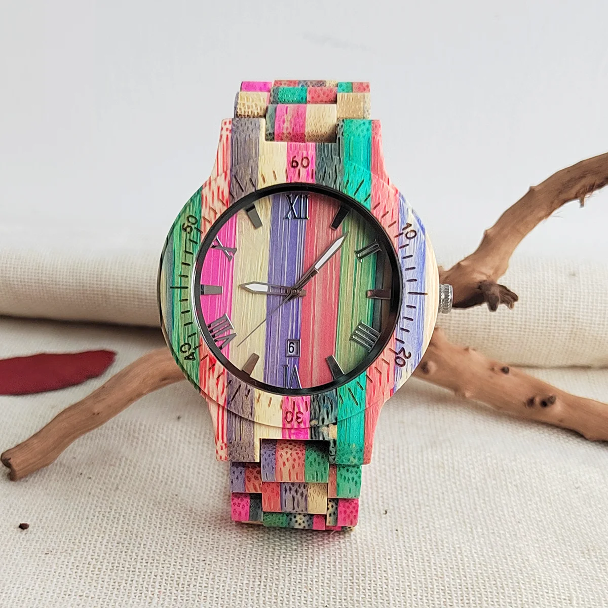 Fashion Men\'s Colorful Bamboo Quartz Watch Weekly calendar, Vintage Wooden Watch,Wood Wrist Watches Best Birthday Gift for Men