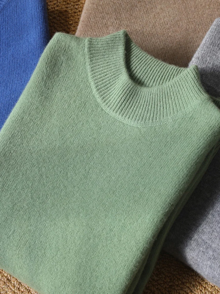 100% Merino Wool Mock-neck Thick Pullover Autumn Winter Men's Solid Casual Knitting Sweater Long Sleeve Pure Wool Tops