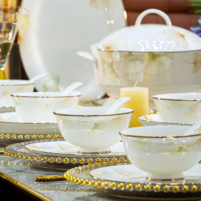 Jingdezhen Ceramic Bowl And Plate Set Home Use 2025 New Bone China Tableware, High-end Luxury Bowls Chopsticks Housewarming Gift