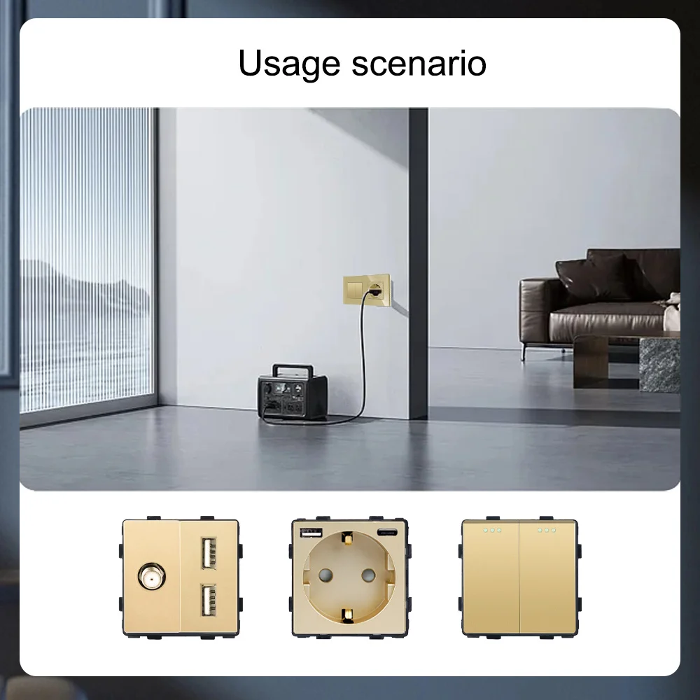 Tomada de Parede Dourada TAWOIA 20W Padrão Europeu com USB Duplo Tipo-C e Interruptor, Estrutura Modular DIY para TV, SAT, CAT5, RJ45, Peças de Tomada de Combinação Livre