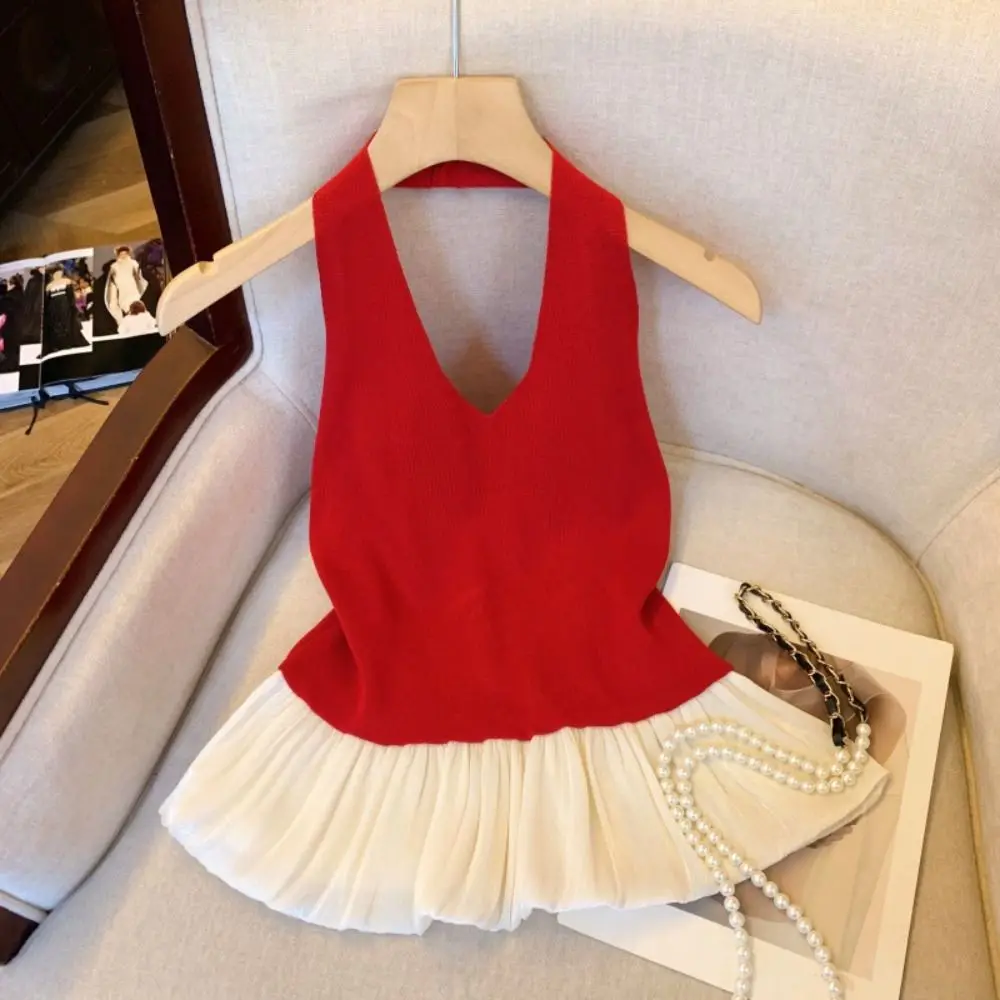 

Cute Patchwork Knit Crop Top Sleeveless Slim Fit Halter Camisole Women Vest V-neck Sweet Girl's Top Streetwear