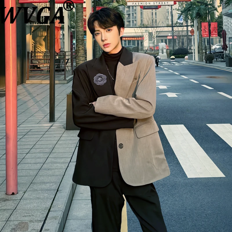WVGA Spring Autumn New Men Tide Irregular Color Block Trendy Printed Blazer Niche Chic Casual Shoulder Padded Suit Jacket W16545