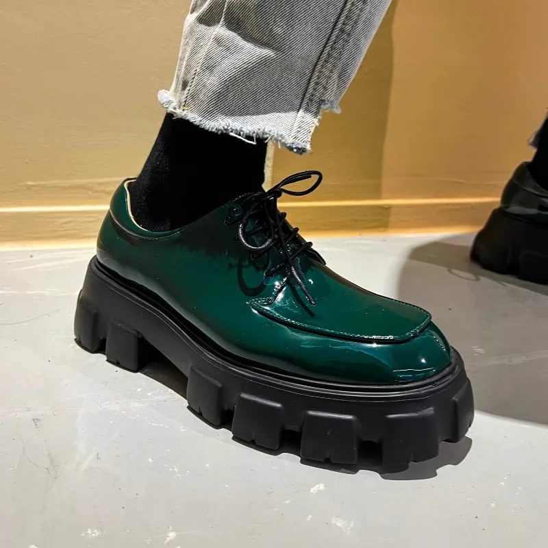Dark Green Patent Leather Platform Shoes Men Genuine Leather Thick Bottom Derby Shoes British-style Casual Business Shoes