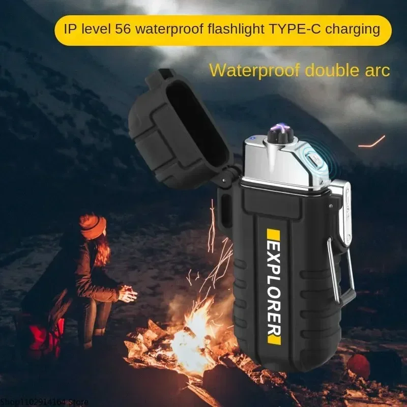 2025 Waterproof Plasma Lighter with flashlight Custom Windproof Arc Lighter Outdoor Usb Lighter Survival Whistle and Lanyard