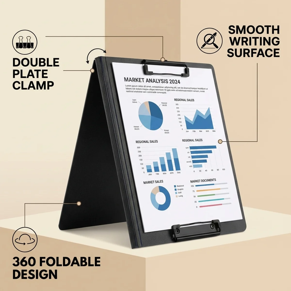 Foldable Double Clipboard, Professional Writing Board with Strong Metal Clip & Anti-Slip Texture, Portable for Office School