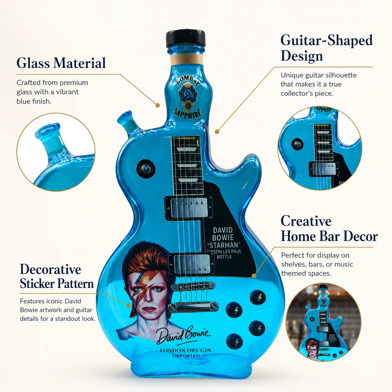 David Bowie Vintage Rock Music Guitar Shaped Liquor Decanter Decorative Glass Bottle for Bar Cabinet and Gifts