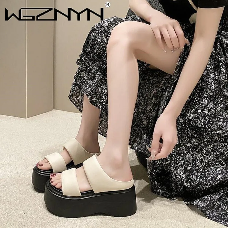 

New Summer Women Chunky Slippers Flip-Flops Ladies Wedge Heels Shoes Woman High Platform Beach Slipper Outside Black Sandals 8CM