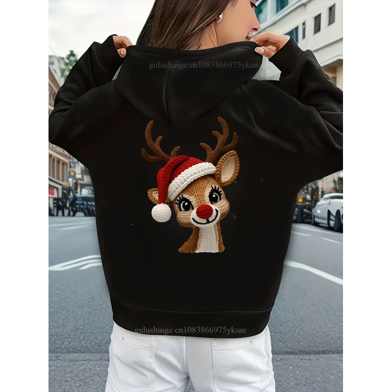 Vintage Hoodie Halloween Gifts Cute Reindeer Pattern Fall Clothes Autumn Winter Daily Wear Gift For Women