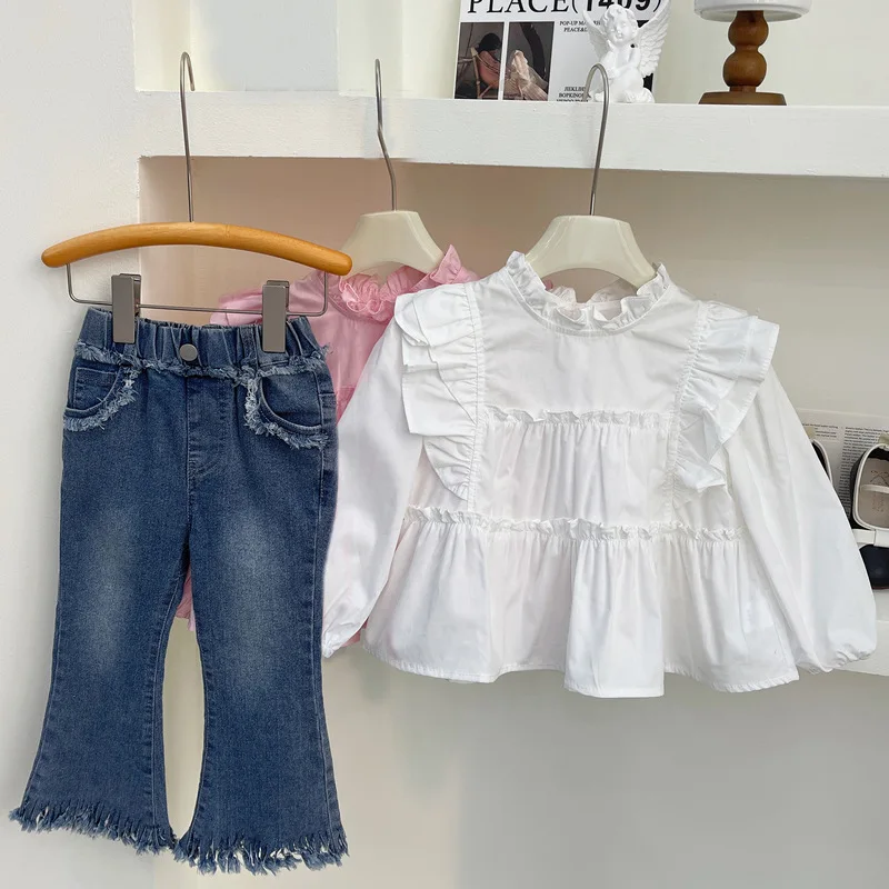 

2024Spring New Girls' Loose Cake Shirt Long-Sleeve Suit-Foot Beading Jeans Two-Piece Suit Fashion