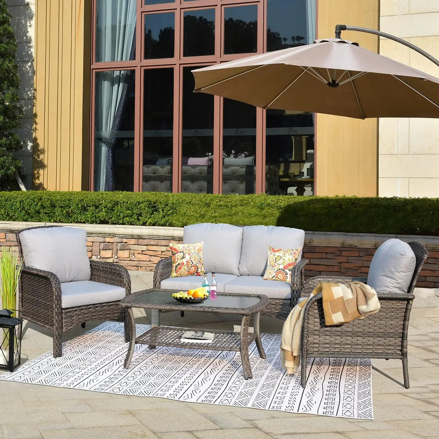 4 Pieces Outdoor Wicker Patio Furniture Set, All Weather Rattan High Back Loveseat with Cushions, Coffee Table and Armchairs