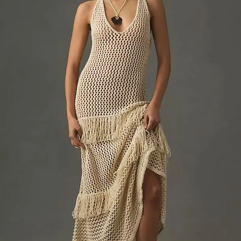 Abito da spiaggia abiti lunghi femminili costume da bagno 2024 abiti da donna per le donne copricostume capispalla abbigliamento nappa di pizzo cava Sexy