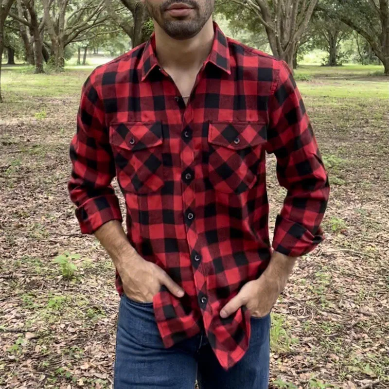 Men Casual Plaid Flannel Shirt Long-Sleeved Chest Two Pocket Design (USA SIZE S M L XL 2XL)