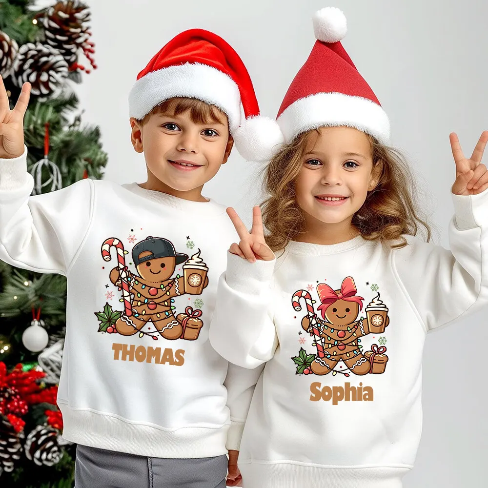 Custom Reindeer Toddler Sweatshirt Custom Name Kids T-Shirt Custom Christmas Reindeer Hoodies Toddler Xmas Gingerbread Sweater