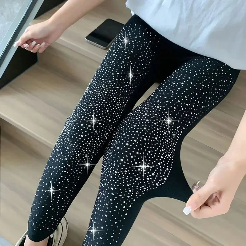 Black Stretch Rhinestone Skinny Leggings Women Autumn Winter Thick Velvet Ankle-Length Pants Tide Elasticit Shinny Legging