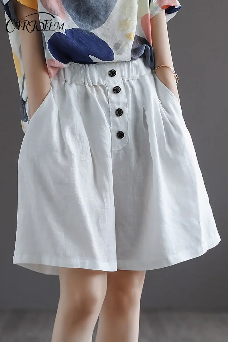 Shorts de algodão de verão feminino botão cor sólida versátil solto algodão linho estilo retro perna larga