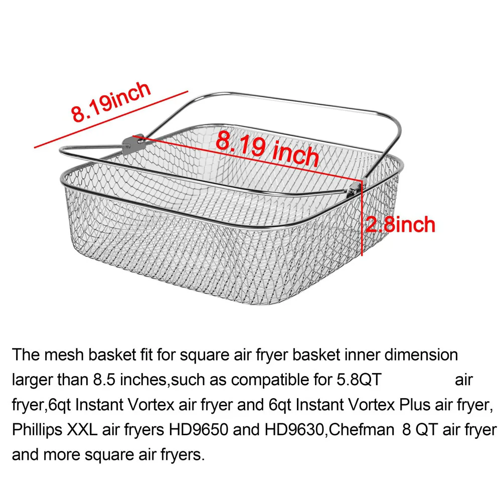 Air Fryer Basket 8.19Inch Square Air Fryer Basket for Instant Vortex Air Fryer,COSORI,Philips,Air Fryer Accessories