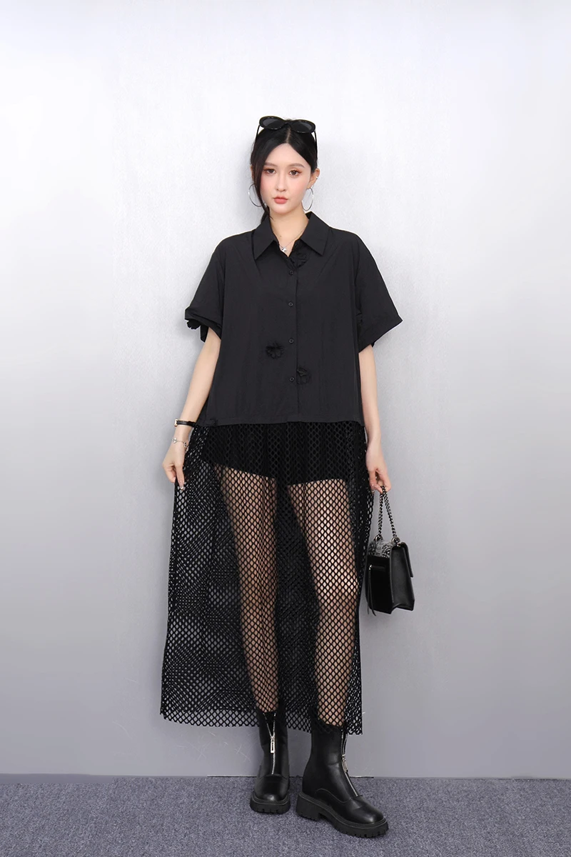 2025 primavera verão moda elegante camisas soltas vestidos longos mulheres retalhos oco vestido senhoras j1097