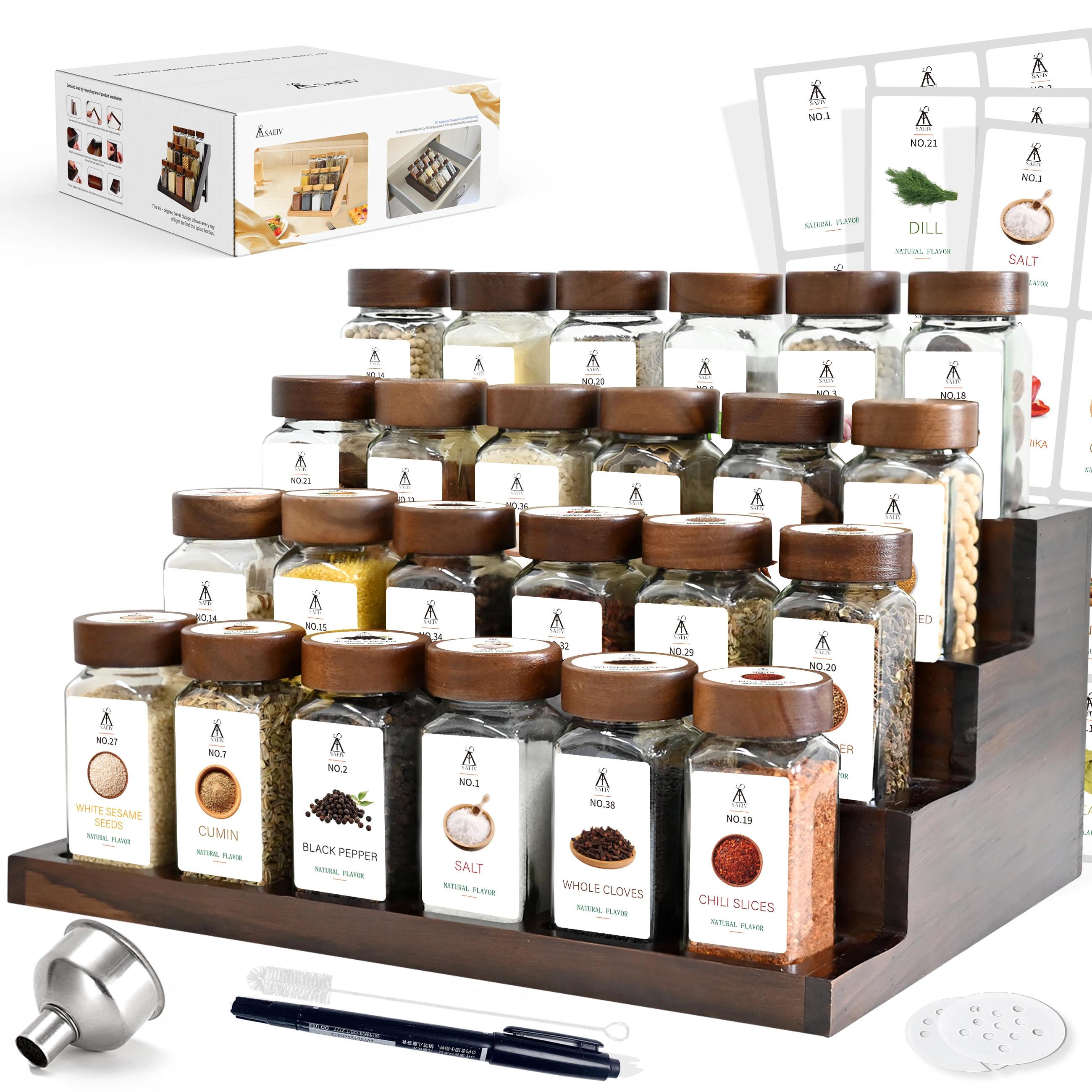 SAEIV 24-teiliges Glas-Gewürzgläser-Set, 4-stufiges Gewürzregal aus Akazienholz, Küchenarbeitsplatten-Organizer mit Etiketten, Marker, Trichter, Reinigungsbürste, Gewürzbehälter-Set, Neuheit,