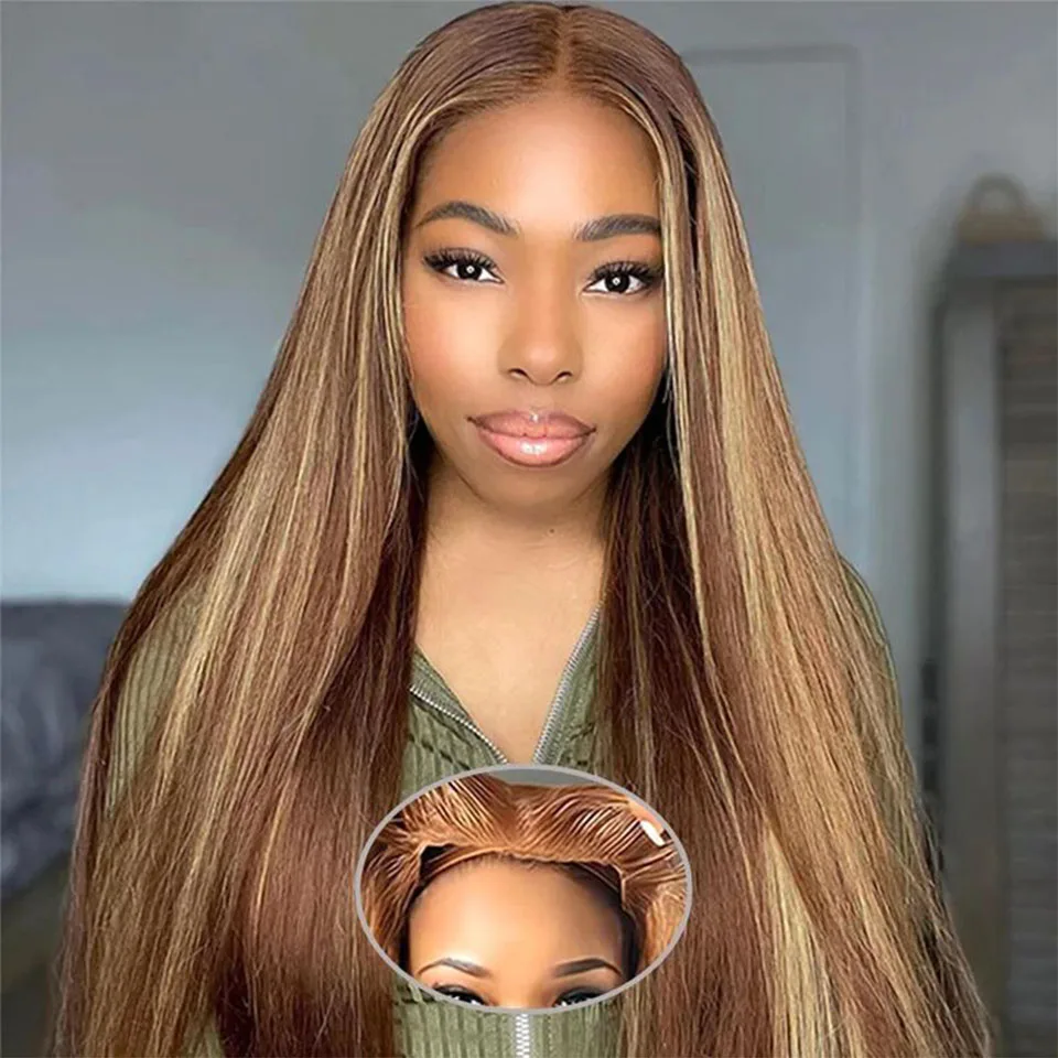 

Pre Cut Lace Highlight Straight Lace Front Wig Preplucked 13x4 Lace Glueless Honey Blonde Straight Human Hair Lace Wig For Women