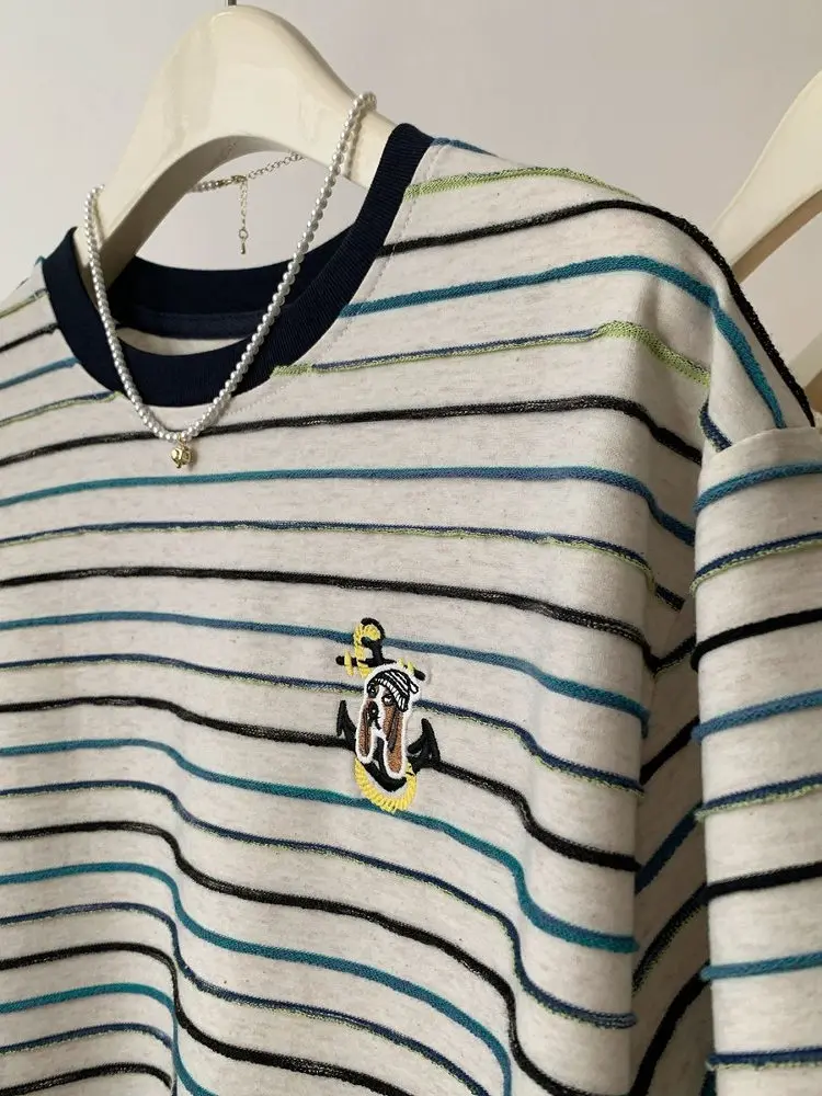 T-shirt Estiva da Donna Taglia Extra Large 300 Pou Anti-Invecchiamento con Ricamo a Righe Colorate