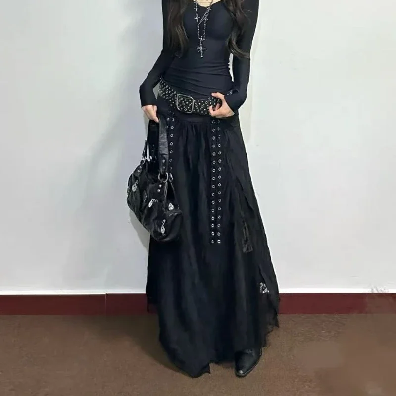 IMU Lace Mesh Patchwork Skirt Retro Temperament Women Solid High Waist Patchwork Strap Gothic Slim A-line Long Skirt