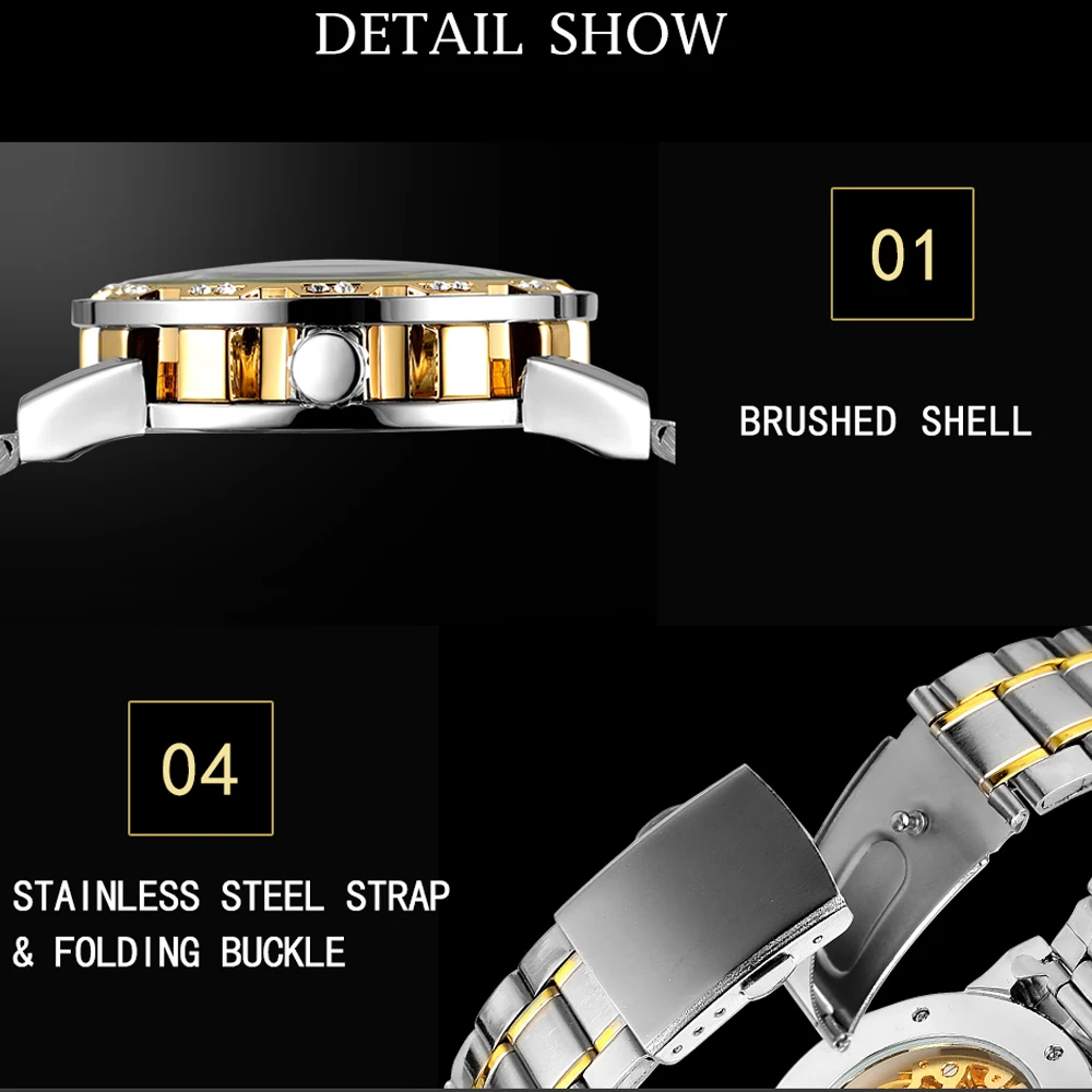 FORSINING النقش الفاخرة الرجال الهيكل العظمي ساعات آلية حجر الراين مؤشرات مضيئة كول الصلب موضة عادية رجل ساعة اليد